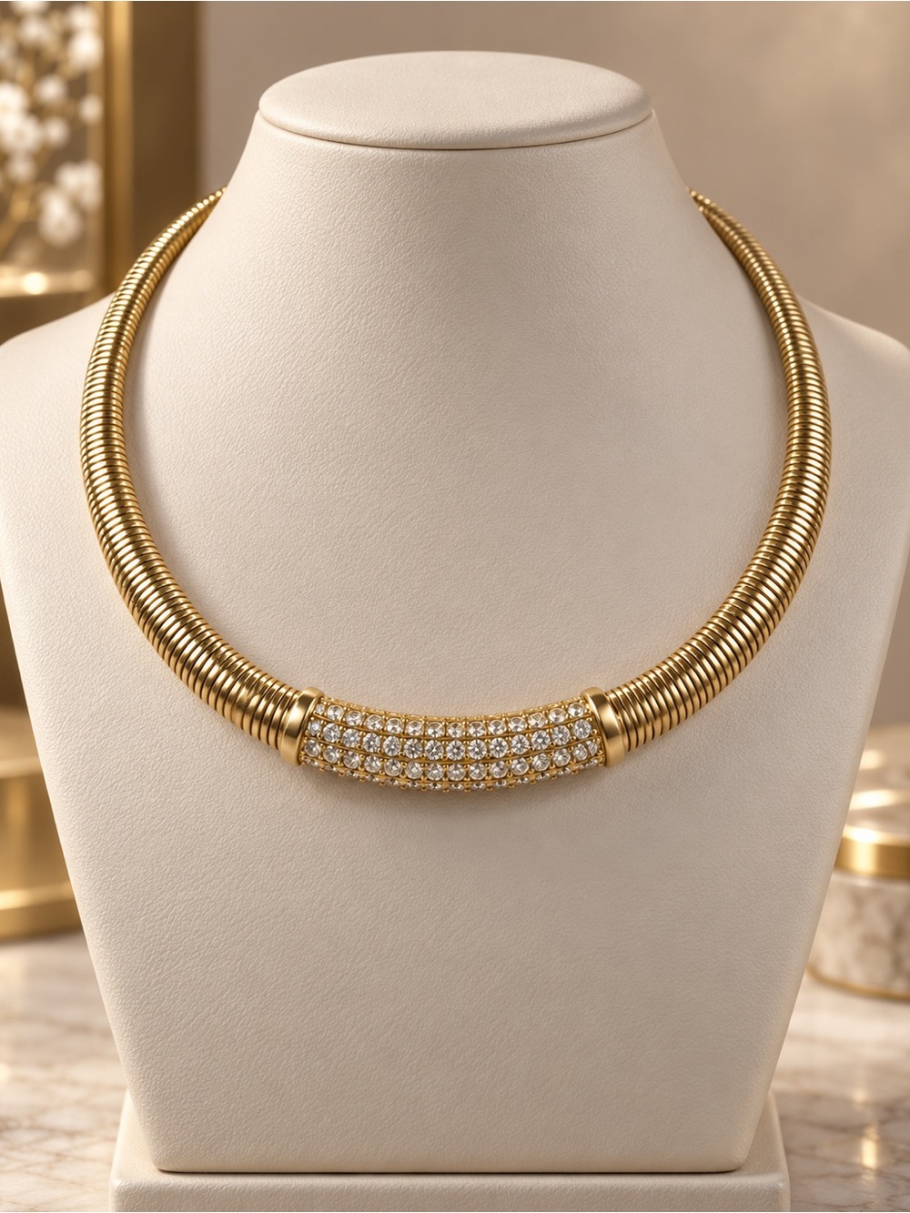Vintage Swarovski Gold Tone Pavé Crystal Omega Collar Statement Necklace
